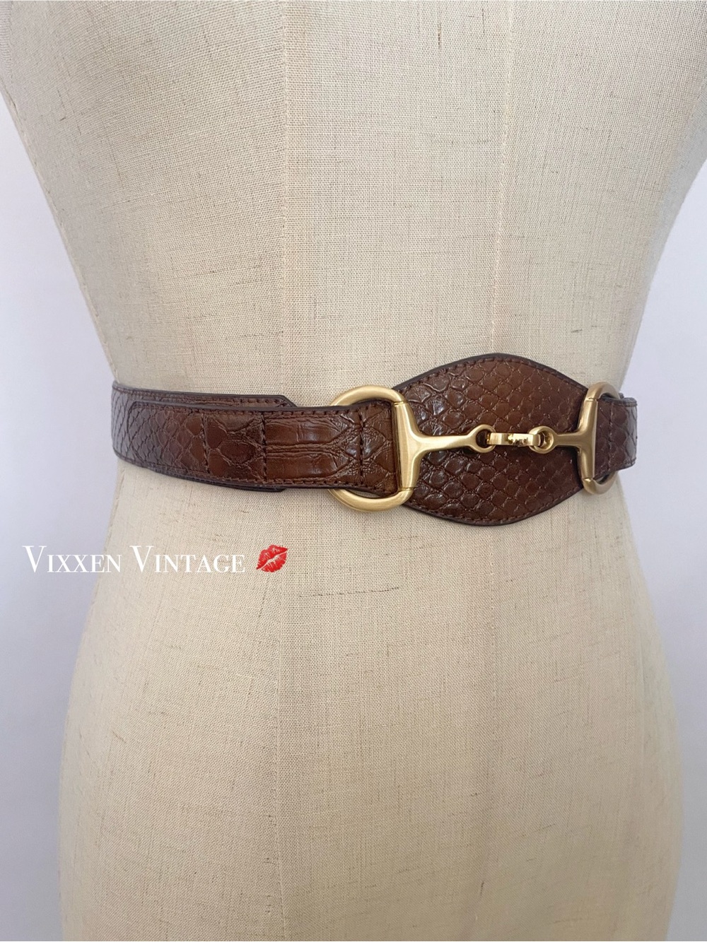 LOFT GUCCI STYLE PYTHON EMBOSSED FAUX LEATHER OVERSIZED HORSEBIT BELT IN BROWN